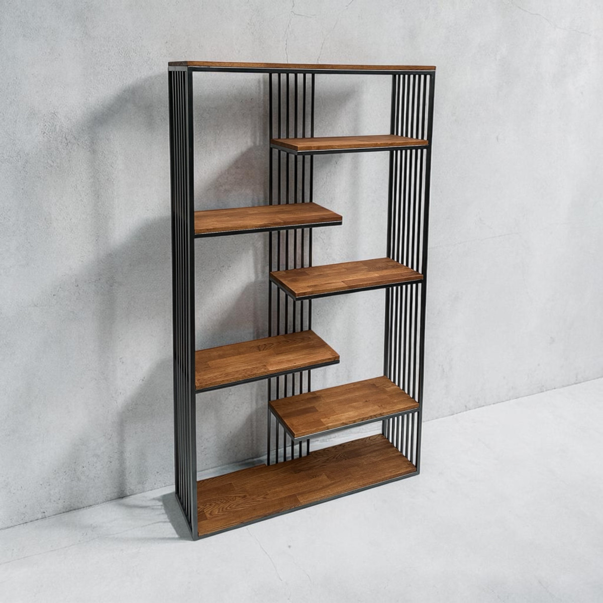 Regał metalowy loft RHYTHM 90–160 cm | Stal + dąb | SteelHaus